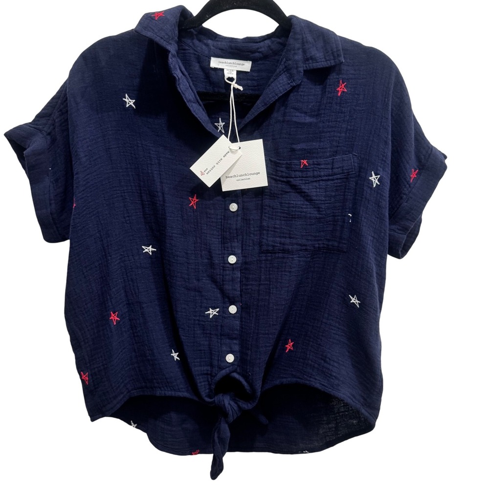 Beach Lunch Lounge Navy Star Embroidered‎ Tie Front Top Size XS NWT 100% Cotton